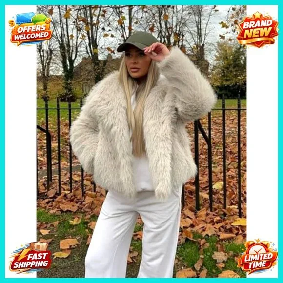 Faux Fur Coat Fluffy Cropped Jacket Long Sleeve Lapel Open Front Warm - Picture 4 of 7